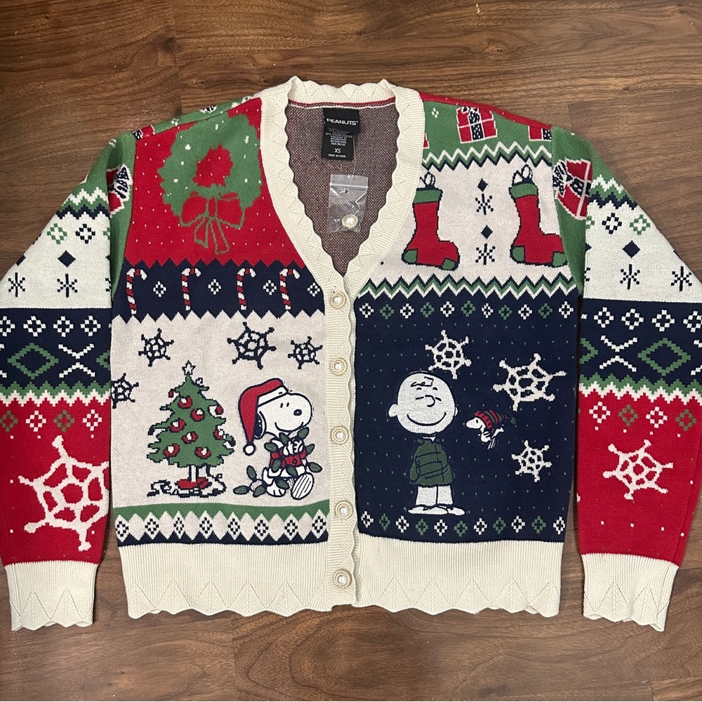 NWT Peanuts Holiday Patchwork Cardigan